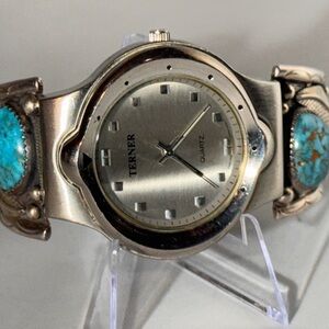 Navajo  Handmade Sterling Silver Watch Band with Vintage Bijoux Turner Watch